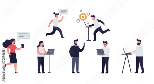 Diverse group of cartoon people interacting with technology and communicating, concept for remote teamwork, agile workflow and modern digital lifestyle