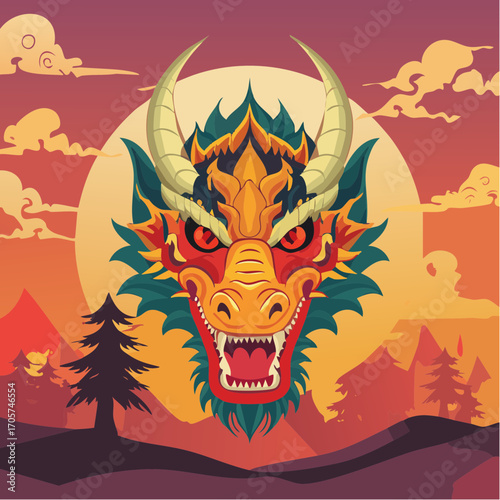 A vibrant illustration of a fierce East Asian dragon head set against a sunset landscape with mountains and a large sun.