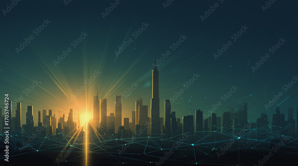 Fototapeta premium Sunshine in the Smart digital Innovation city with connection network reciprocity over the cityscape. of future smart wireless digital city and social media networking systems that connects