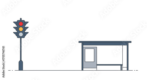 Flat vector illustration of a traffic light with red light and bus stop with bench, concept for urban planning, public transportation and road safety awareness