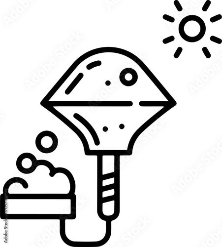 Outline Minimalist Still Distillation Equipment Process Icon with Bubbles and Sun
