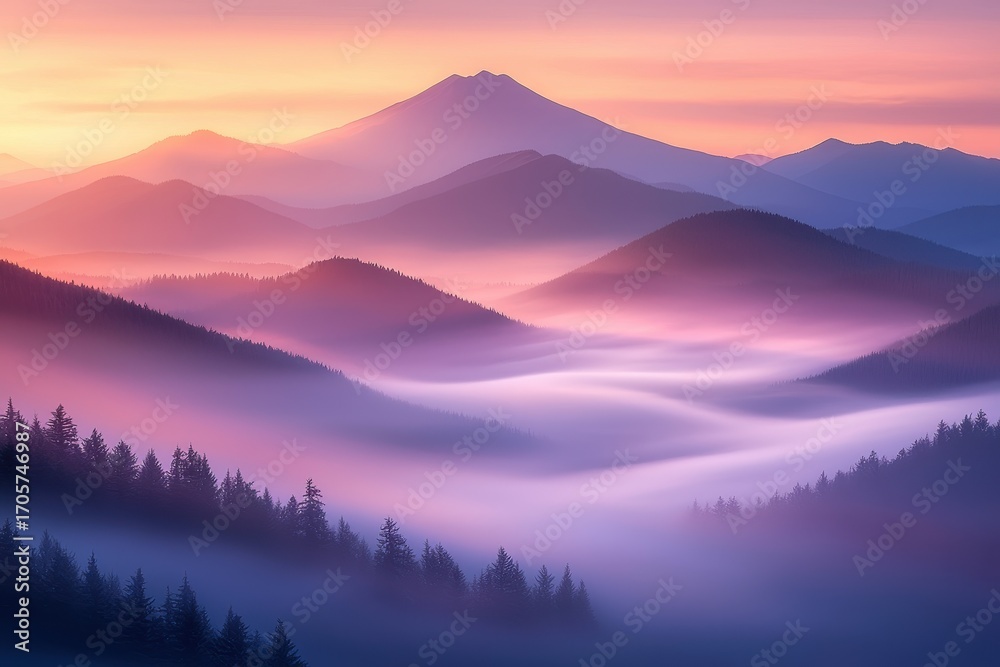 Fototapeta premium A serene landscape showcasing misty mountains at sunrise, with a palette of purple and pink hues reflecting tranquility and natural beauty.