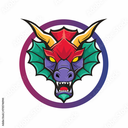 A fierce, colorful dragon head mascot with red, purple, and green features, yellow horns, and glowing eyes, set within a circular gradient frame.