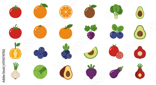 Illustration of various fresh fruits and vegetables, including tomatoes, oranges, avocados and more, isolated on white background, concept for nutrition education and healthy eating infographics