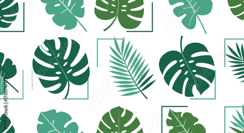 Stylized tropical leaves pattern featuring monstera, palm and other exotic foliage in frames, concept for textile print, wallpaper design and summer backgrounds
