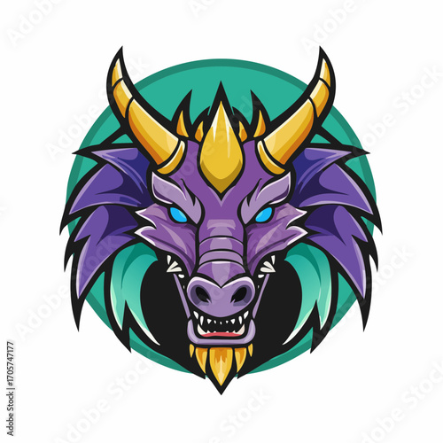 A fierce purple dragon head mascot with golden horns, bared teeth, and glowing blue eyes, set against a teal circular background.