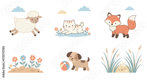 Cute cartoon animals collection featuring a sheep, cat, fox, dog and rabbit with flowers and clouds, concept for children's illustration, nursery decor and educational material design