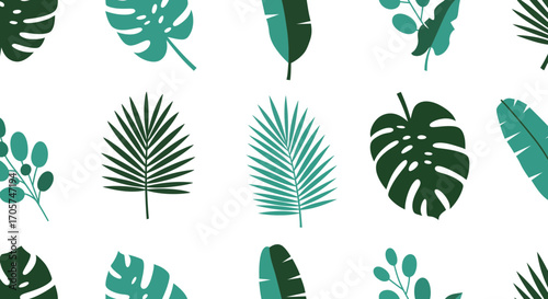 Seamless pattern of various tropical leaves in green and teal shades on white backdrop, concept for textile design, surface pattern and background elements