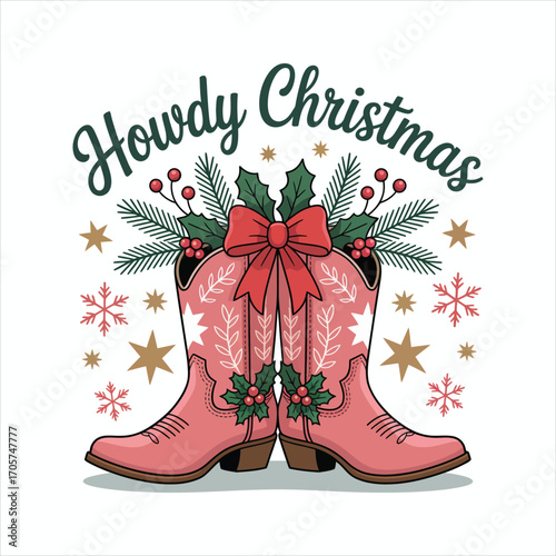 Howdy Christmas Pink Cowboy Boots With Holly And Bow