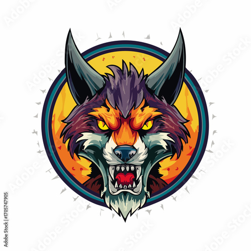 Fierce wolf head mascot with glowing yellow eyes and sharp fangs inside a circular emblem.