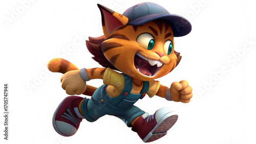 Cartoon cat character with cap and overalls running with a happy expression on a white background silhouette
