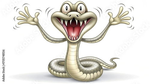 Cartoon snake with open mouth and arms raised in a playful or startled manner on a white background silhouette
