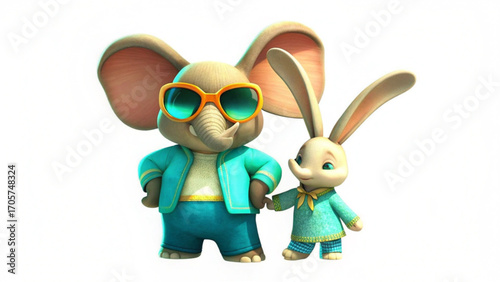 Cartoon elephant wearing sunglasses and a jacket standing next to a cartoon bunny on a white background silhouette