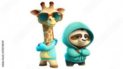 A cartoon giraffe wearing sunglasses and a sloth in a hoodie standing next to each other isolated silhouette