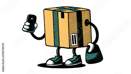 Cartoon parcel box character holding a smartphone with arms and legs on a white background isolated silhouette