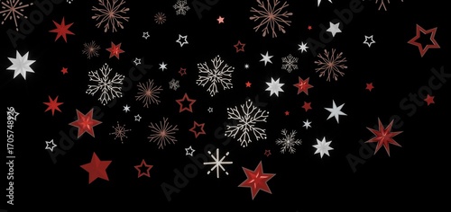 Festive holiday background with red and white stars and snowflakes on a black background. Perfect for Christmas, New Year, winter themes.