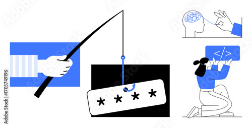 Fishing rod with bait hinting at password theft, a developer writing code, and brainstorming mind map. Ideal for cybersecurity, IT training, digital safety, passwords, problem-solving, education