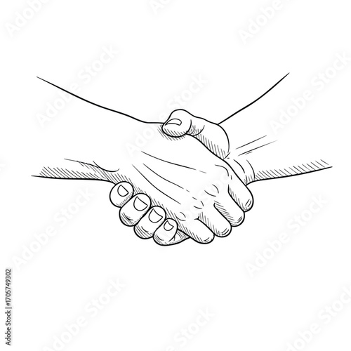 A detailed black and white sketch of two hands clasped in a firm handshake.