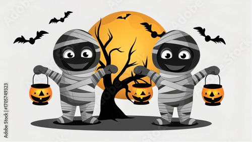 Two cartoon mummies holding jack o lanterns with bats and a moon in a halloween scene illustration silhouette