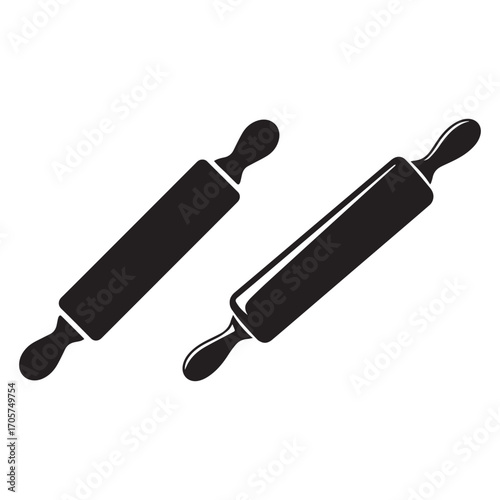 Two Black Rolling Pins on White Background kitchen utensil