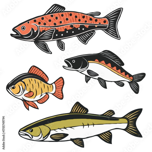 A colorful cartoon vector illustration of a set of cute tropical goldfish swimming in a freshwater aquarium