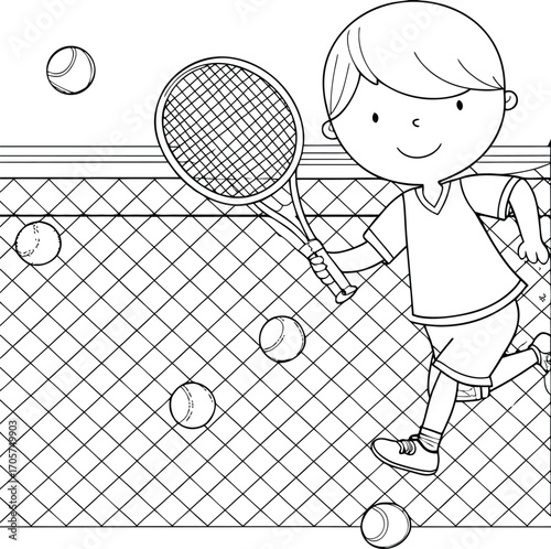 Boy playing tennis with racket and balls on court child