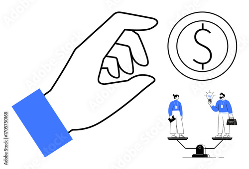 Hand grasping dollar coin, professionals on balance scale discussing ideas. Ideal for finance, business, investment, equity, economics, value assessment teamwork. Simple flat metaphor