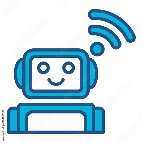 Robot Icon In Blue Monochrome Flat Design, Vector Illustration.
