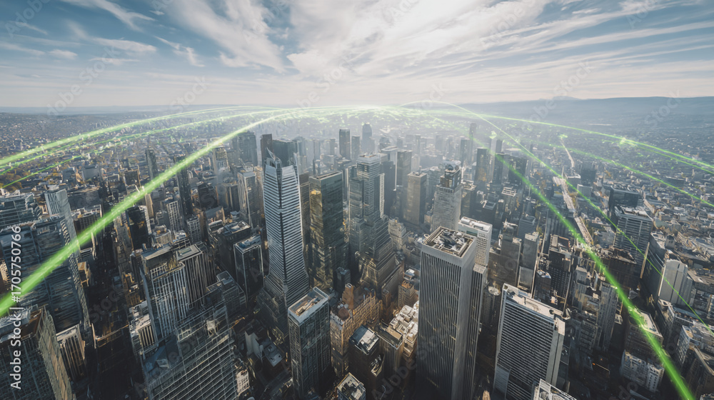 Fototapeta premium Sunshine in the Smart digital Innovation city with connection network reciprocity over the cityscape. of future smart wireless digital city and social media networking systems that connects