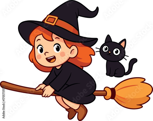Cute witch flying with black cat. Halloween illustration. Little witch cartoon character vector art