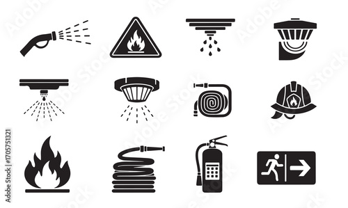 Fire safety and firefighting equipment icon set. Vector glyph pictograms of a fire extinguisher, hose, sprinkler, smoke detector, helmet, and emergency exit sign. Black silhouette illustration.
