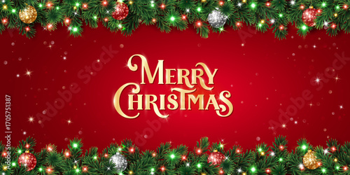 Christmas holiday background. Christmas tree frame with ornaments, Christmas lights. Gold and red glitter decoration. Merry Christmas lettering. For New year banners, party posters.