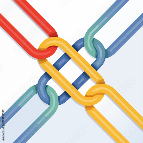 Interconnected Chain Links in Red Yellow Blue and Green on White Background