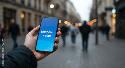 Wallpaper Mural Phone screen with unknown caller in urban street setting, symbolizing privacy and suspense Torontodigital.ca