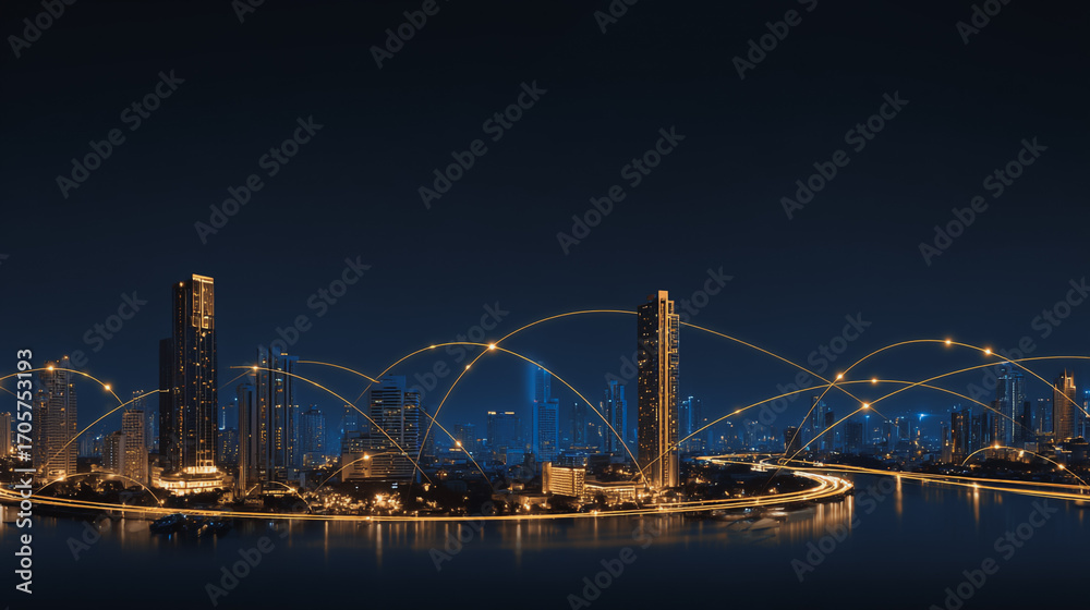 Obraz premium Sunshine in the Smart digital Innovation city with connection network reciprocity over the cityscape. of future smart wireless digital city and social media networking systems that connects