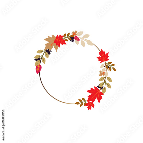 Elegant autumn wreath with red maple and golden leaves on a thin circular frame, ideal for fall invitations, cards, and seasonal designs.