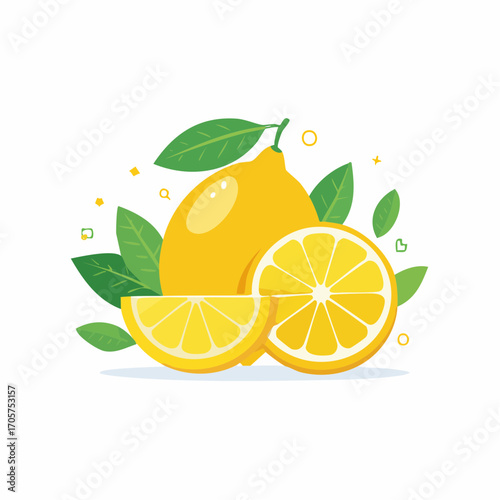 Ripe Yellow Lemon With Slices and Green Leaves on White Background