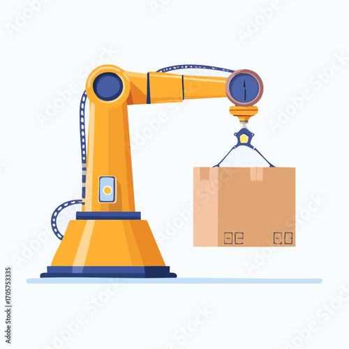 Orange Robotic Arm Lifting Cardboard Box