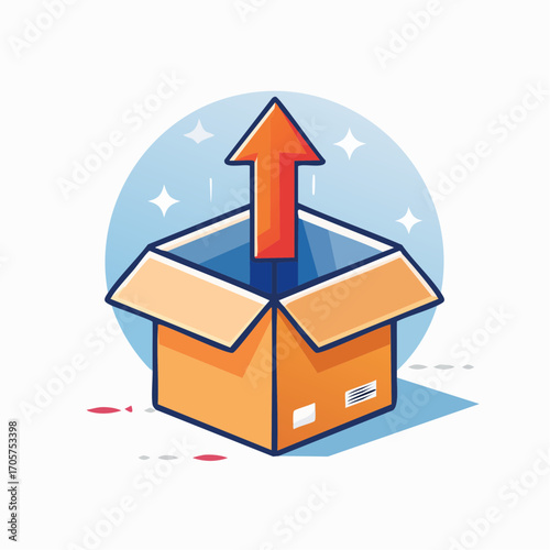 Open Cardboard Box With Red Arrow Pointing Up On Blue Background