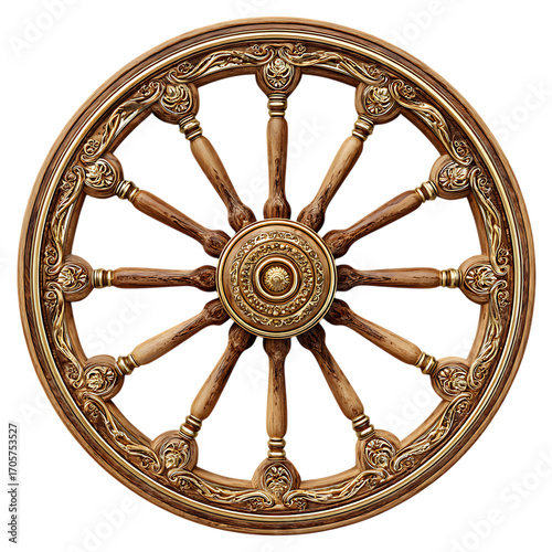 Ornate ancient wooden wheel intricately carved with golden centerpiece symbolizing cycles isolated on transparent background