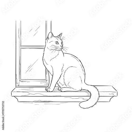 A handdrawn line art illustration of a domestic cat sitting on a windowsill.