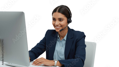 Smiling Customer Service Representative Using Headset and Computer