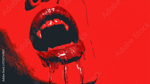 Mysterious Red Lips with Blood Drips on Black and Red Background – Noir Vampire Seduction Concept