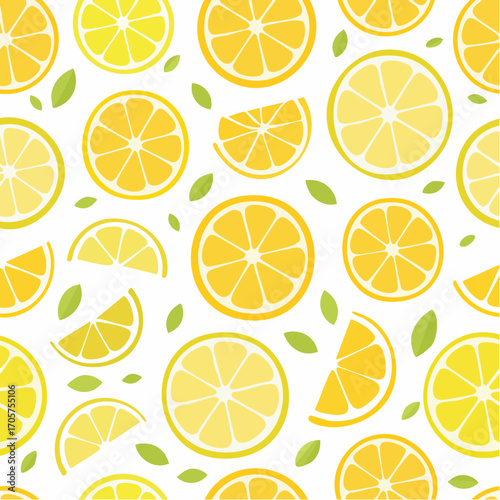 Pixel Art Lemon Slices and Leaves Seamless Pattern on White Background