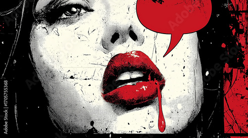 Dramatic Woman’s Face with Red Lips and Blood Splatters in Horror Comic Style