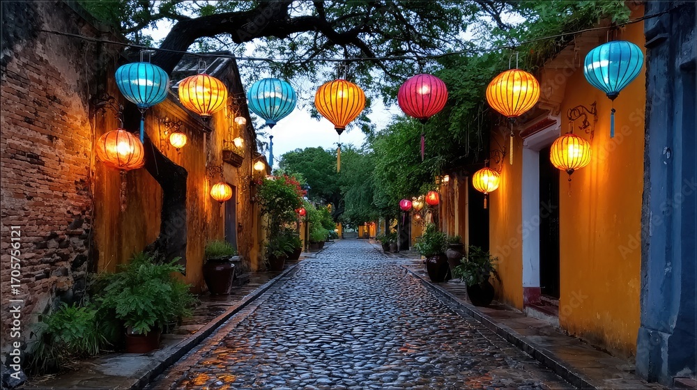 Fototapeta premium Historic street with colorful lanterns