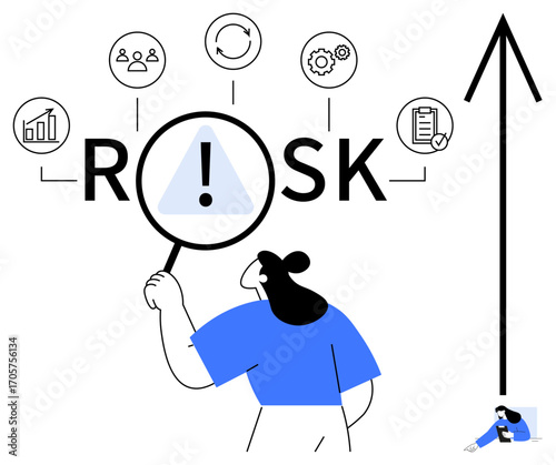 Woman holding magnifying glass over risk symbol with exclamation mark, highlighting key factors thumbs up data, teamwork, strategy, and growth. Ideal for risk management, analysis, business
