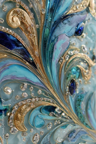 Ornate detail of swirls in gold and cool blues accented with jewels. Glistening, decorative, and luxurious. A close-up art piece