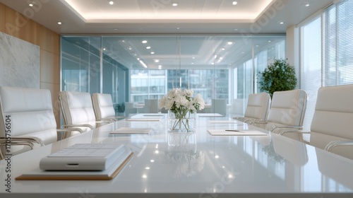 A modern conference room featuring a sleek table, white chairs, and large windows, creating a bright and professional environment.