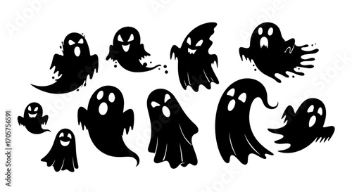A hauntingly fun assortment of black ghost silhouettes, each boasting a unique shape and a ghoulishly expressive face